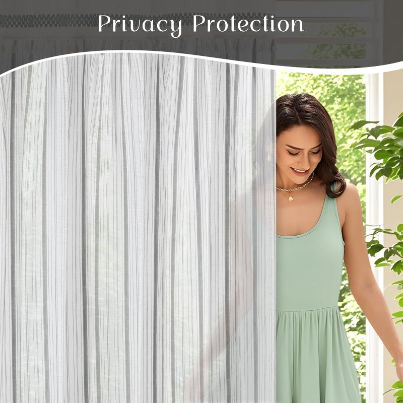 FRAMICS Linen Curtains for Living Room Grey Striped Window Curtain Farmhouse Curtains for Bedroom Boho Crochet Drapes 84 Inch Length 2 Panels Set Light Filtering Drapes Rod Pocket Window Treatment - Image 5