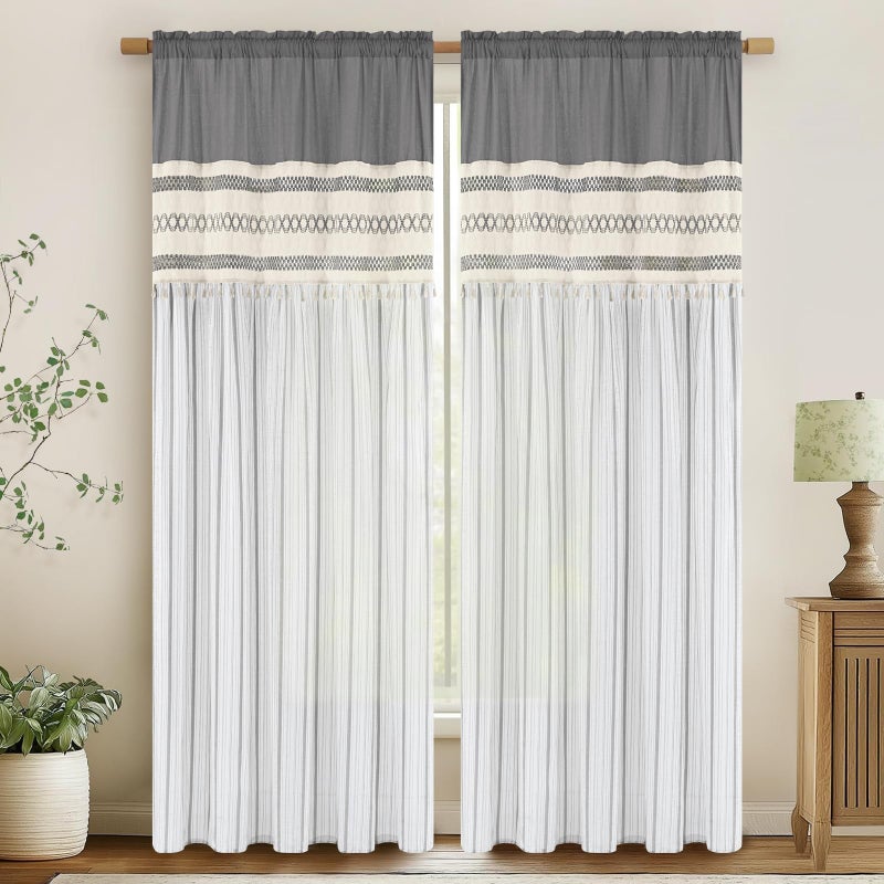 FRAMICS Linen Curtains for Living Room Grey Striped Window Curtain Farmhouse Curtains for Bedroom Boho Crochet Drapes 84 Inch Length 2 Panels Set Light Filtering Drapes Rod Pocket Window Treatment - Image 1