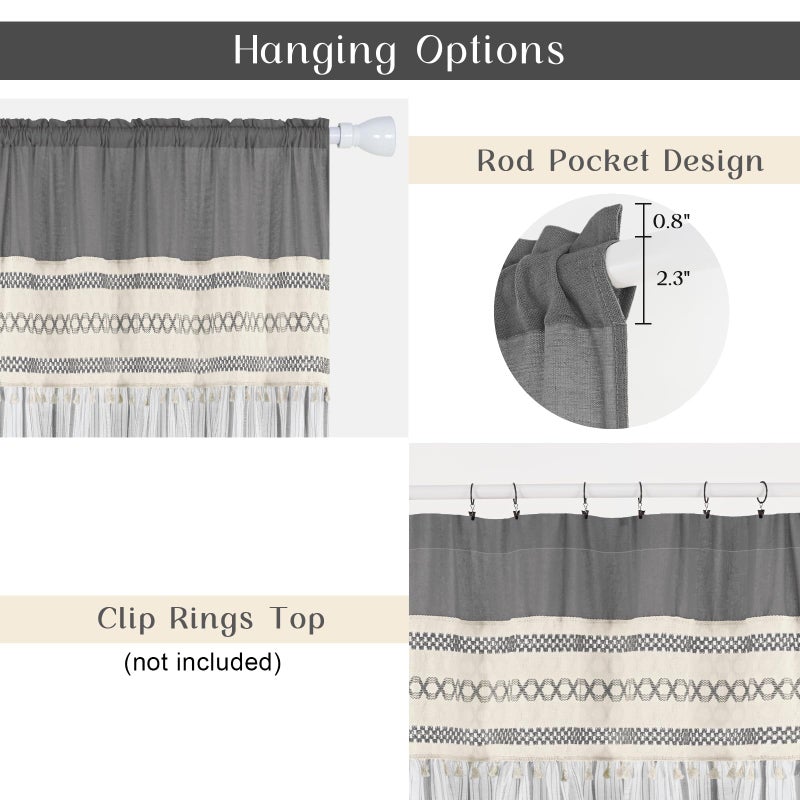 FRAMICS Linen Curtains for Living Room Grey Striped Window Curtain Farmhouse Curtains for Bedroom Boho Crochet Drapes 84 Inch Length 2 Panels Set Light Filtering Drapes Rod Pocket Window Treatment - Image 4