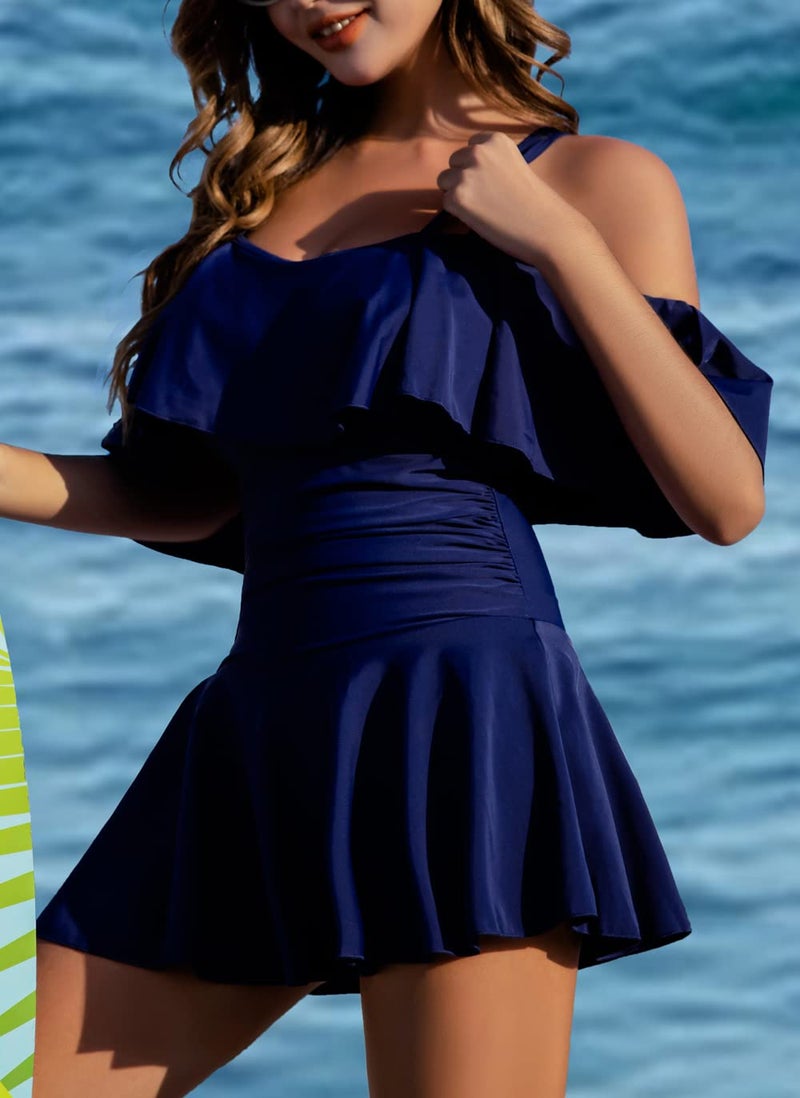 COCOPEAR Women's One Piece Flounce Swimsuit Off Shoulder Bathing Suit Tummy Control Swimdress Navy XL/12-14 - Image 3