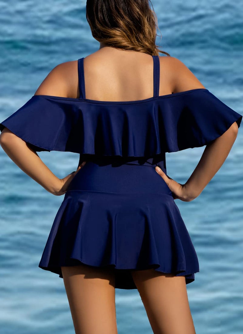 COCOPEAR Women's One Piece Flounce Swimsuit Off Shoulder Bathing Suit Tummy Control Swimdress Navy XL/12-14 - Image 4