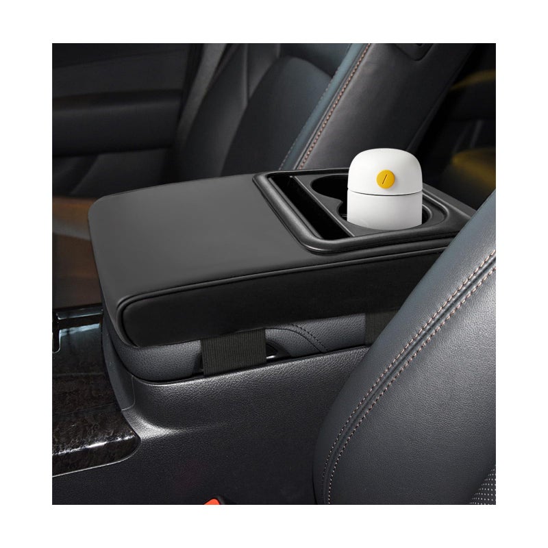 Suvnie Car Center Console Armrest Pillow, Waterproof Leather Armrest Cushion with Cup Holder & Phone Holder, Memory Foam Arm Rest Box Cover Protector with Storage Bag for Most Cars (Black) - Image 1