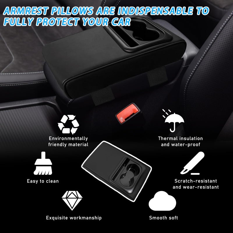Suvnie Car Center Console Armrest Pillow, Waterproof Leather Armrest Cushion with Cup Holder & Phone Holder, Memory Foam Arm Rest Box Cover Protector with Storage Bag for Most Cars (Black) - Image 4