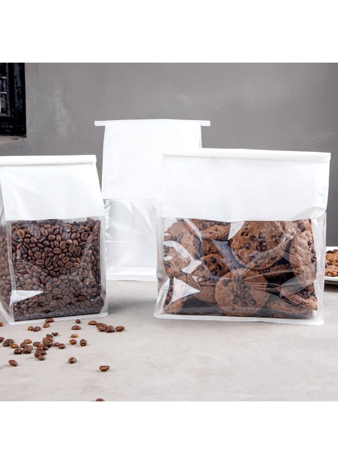 Bag Tek 5.1 x 4.1 x 11.2 Inch Tin Tie Bags With Windows, 100 Resealable Bakery Bags With Windows - Flat Bottom, For Cookies or Coffee Beans, White Cotton Paper Tin Tie Bags