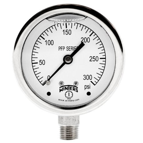 Winters Instruments عداد ضغط سائل من الفولاذ المقاوم للصدأ 304 من سلسلة وينترز PFP، 0-300 psi، عرض قرص 2-1/2"، دقة +/-1.5%، تركيب سفلي 1/4" NPT - Image 1