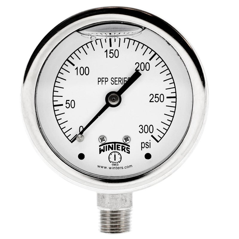 Winters Instruments عداد ضغط سائل من الفولاذ المقاوم للصدأ 304 من سلسلة وينترز PFP، 0-300 psi، عرض قرص 2-1/2"، دقة +/-1.5%، تركيب سفلي 1/4" NPT - Image 3