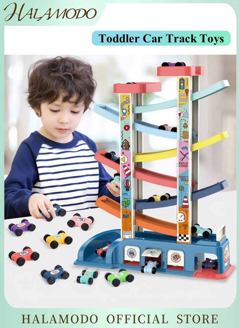 HALAMODO Toddler Car Track Toys with Car Ramps & 6 Wood Race Car & 1 Parking Garage Wooden Car Ramp Toddler Toys for 1 2 Year Old Boy  - Image 1