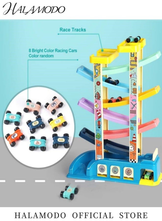 HALAMODO Toddler Car Track Toys with Car Ramps & 6 Wood Race Car & 1 Parking Garage Wooden Car Ramp Toddler Toys for 1 2 Year Old Boy  - Image 2