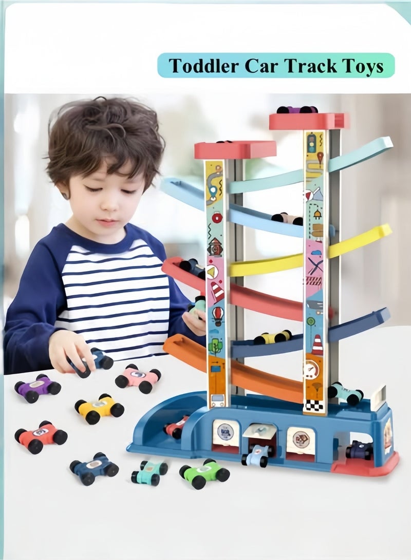 Toddler Car Track Toys with Car Ramps & 6 Wood Race Car & 1 Parking Garage Wooden Car Ramp Toddler Toys for 1 2 Year Old Boy - Image 1