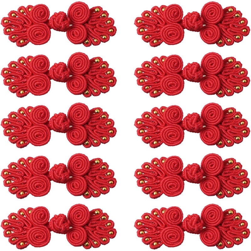LUORNG LUORNG 10PCS Red Chinese Knot Frog Buttons Closure Sewing Buttons Fasteners with Gold Beads for DIY Sewing Sweater Cheongsam Cloak Coats Scarf Cardigan 