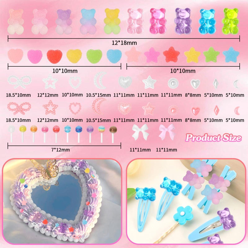 CESUSME 400 Pcs Candy Junk Case Charms Kit, Color Gummy Bear Lollipop Star Heart Charms for Junk Cases, Pink White Bow Moon Hearts Pearls Phone Case Charms, Assorted Slime Charms for DIY Crafts - Image 2