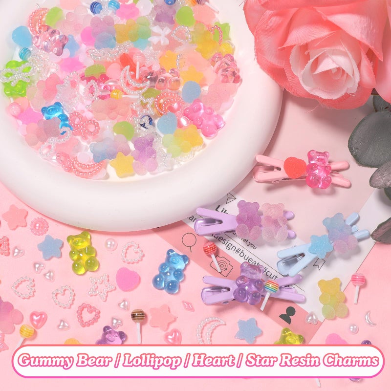 CESUSME 400 Pcs Candy Junk Case Charms Kit, Color Gummy Bear Lollipop Star Heart Charms for Junk Cases, Pink White Bow Moon Hearts Pearls Phone Case Charms, Assorted Slime Charms for DIY Crafts - Image 4