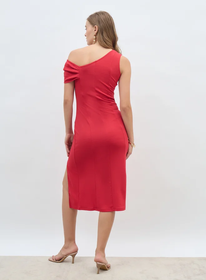 Styli Styli Solid One Shoulder Sheath Midi Dress with Ruched Detail