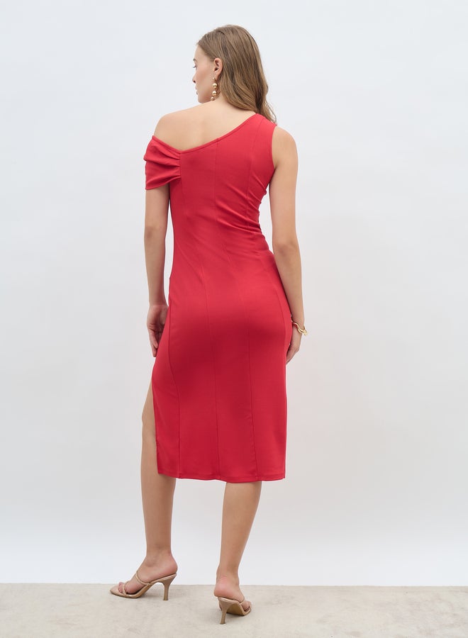 Styli Solid One Shoulder Sheath Midi Dress with Ruched Detail - Image 5