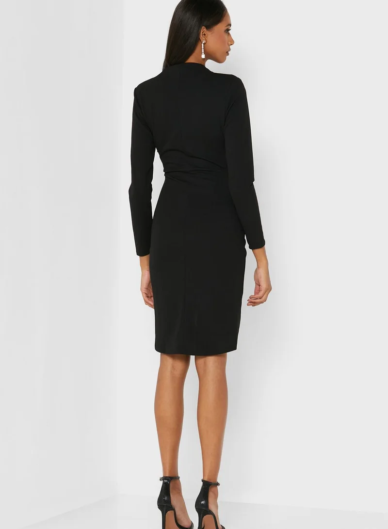 skirt and stiletto Plunge Neck Ruched Wrap Dress
