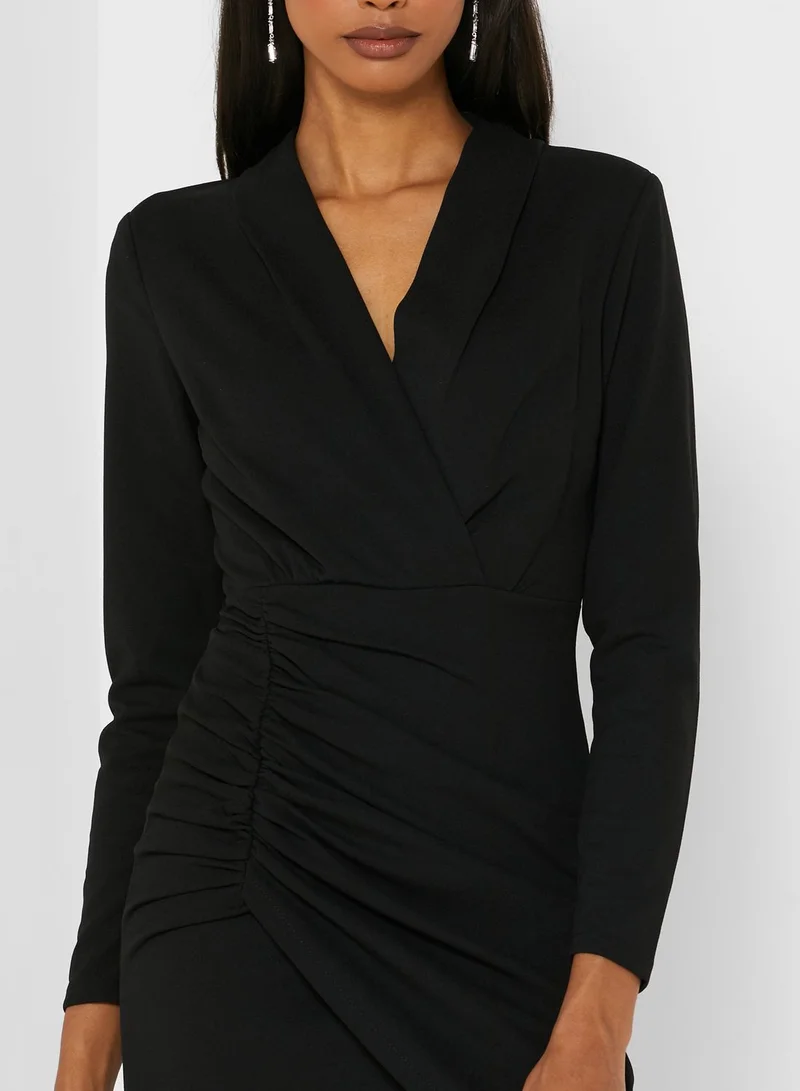 skirt and stiletto Plunge Neck Ruched Wrap Dress