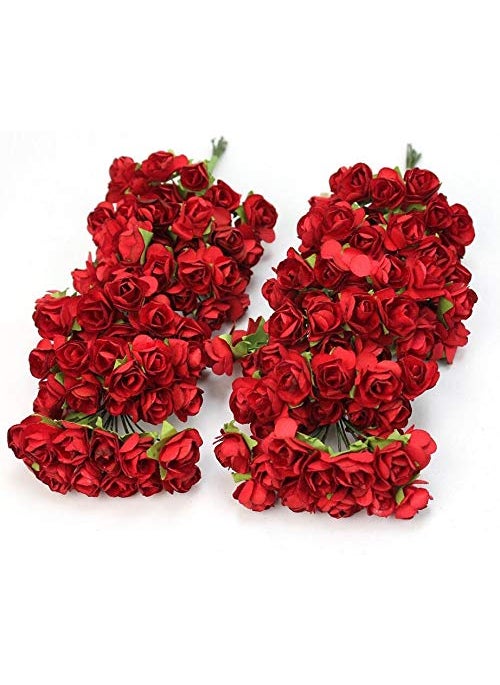 Zorpia zorpia Mini Fake Rose Flower Heads 144pcs Mini Artificial Mulberry Paper Roses Flower with Wire Stem DIY Wedding Flowers Accessories Make Bridal Hair Clips Headbands Dress (Red)  - Image 1
