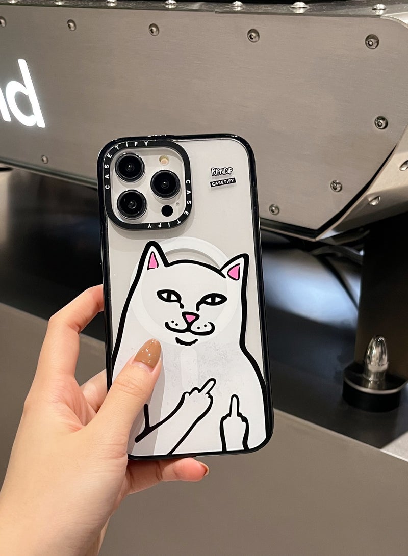 Apple iPhone 14 Pro Max Case,Middle finger cat Magnetic Adsorption Phone Case - Semi transparent