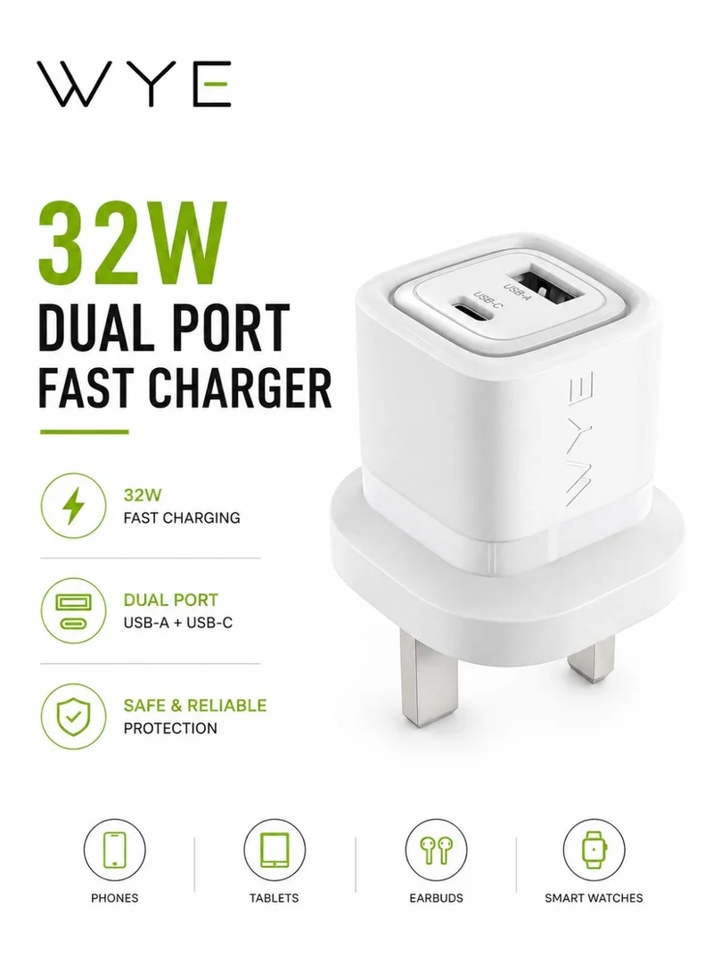 WYE 32W Dual Port Fast Charger | USB-C & USB-A Power Adapter | GaN Technology | Compact Wall Charger | Compatible with Smartphone & Tablet