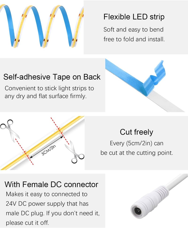 ALITOVE 24V COB LED Strip 10m Warm White 3000K Self-Adhesive Light - Image 4