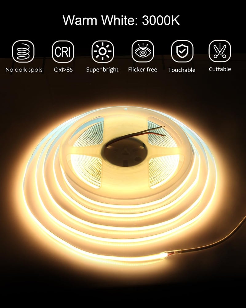 ALITOVE 24V COB LED Strip 10m Warm White 3000K Self-Adhesive Light - Image 3