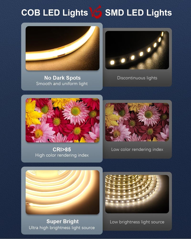 ALITOVE 24V COB LED Strip 10m Warm White 3000K Self-Adhesive Light - Image 5