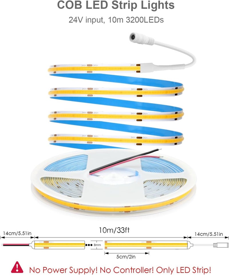 ALITOVE 24V COB LED Strip 10m Warm White 3000K Self-Adhesive Light - Image 2