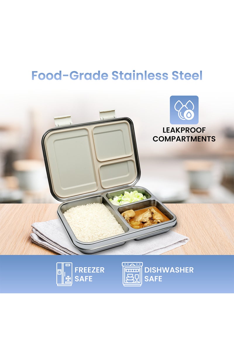 Bamboo Bark Stainless Steel Bento Lunch Box with Lid, 1030ml Leakproof Metal Stackable Snack Box, and 3 Multi-Compartment Divided Meal Prep Food Storage Containers for School, Travel and Work – (Butterfly Print) - Image 1