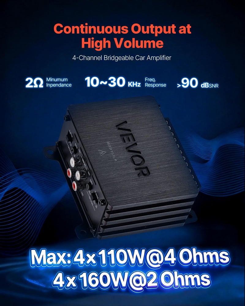 VEVOR 4 Channel Car Audio Amplifier 2 Ohm Stable Bridgeable Class D Full Range Amp Max Power 4 x 110W @ 4 Ohm / 4 x 160W @ 2 Ohm for Car SUV Truck Off-Road - Image 2