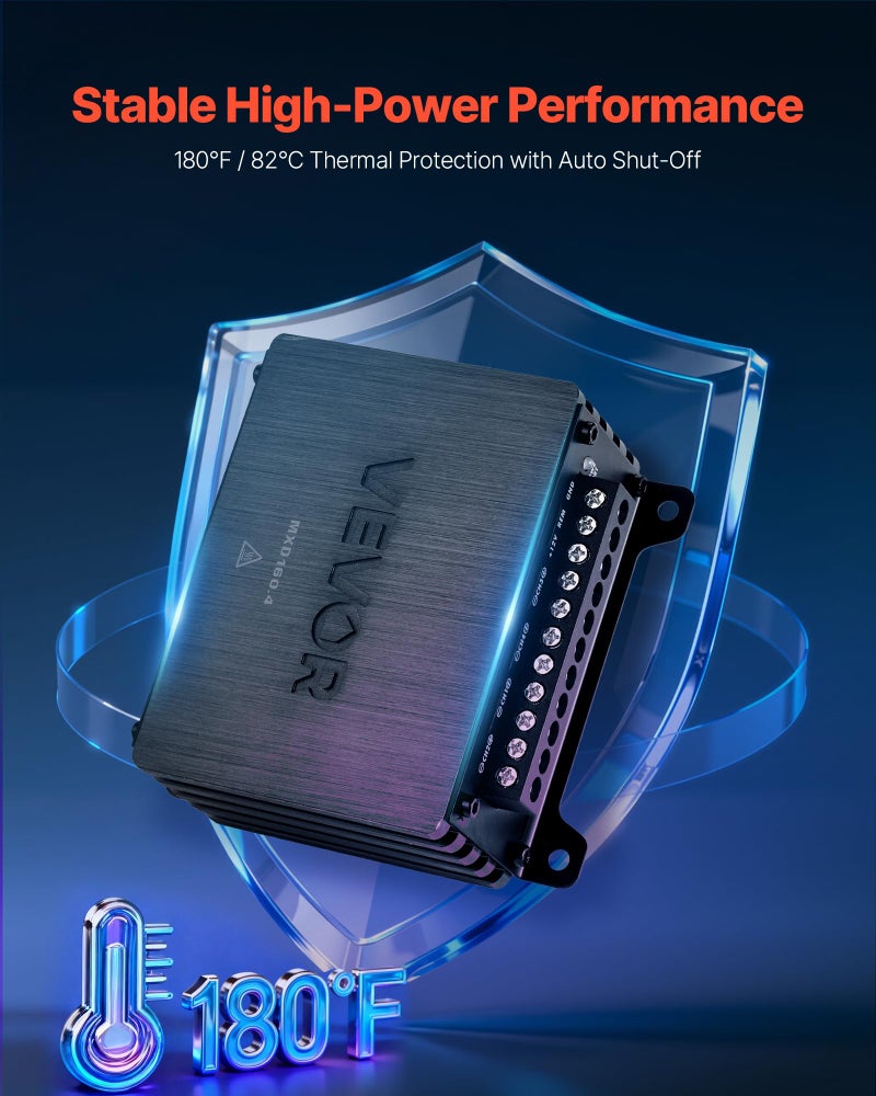 VEVOR 4 Channel Car Audio Amplifier 2 Ohm Stable Bridgeable Class D Full Range Amp Max Power 4 x 110W @ 4 Ohm / 4 x 160W @ 2 Ohm for Car SUV Truck Off-Road - Image 4