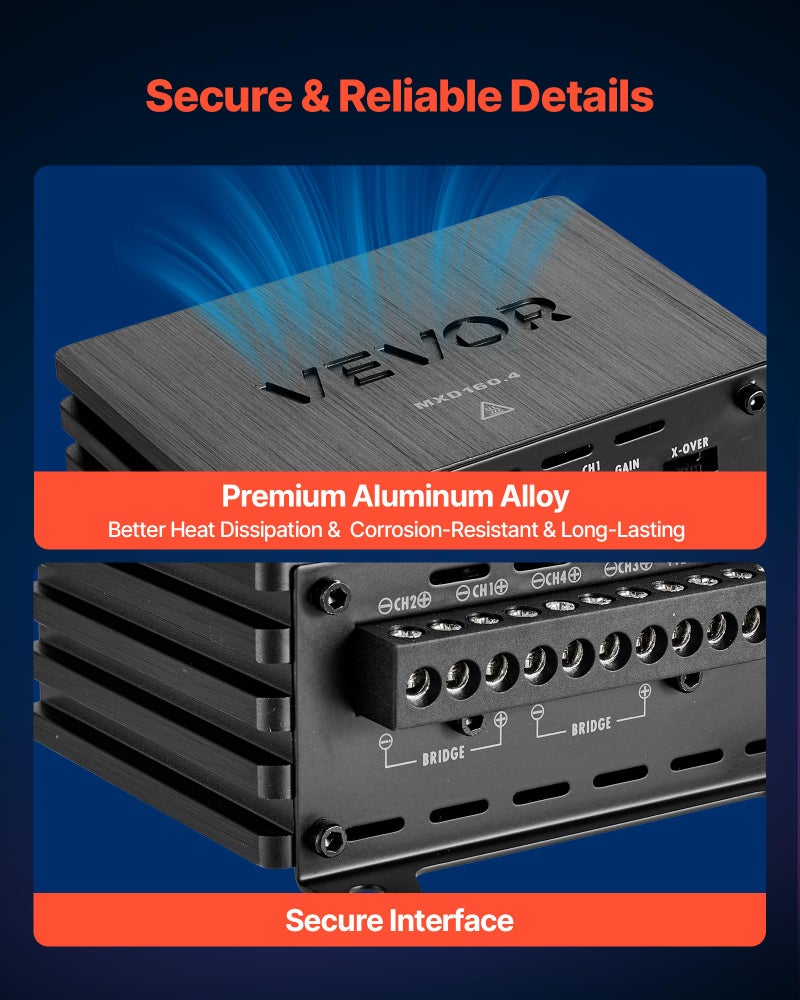 VEVOR 4 Channel Car Audio Amplifier 2 Ohm Stable Bridgeable Class D Full Range Amp Max Power 4 x 110W @ 4 Ohm / 4 x 160W @ 2 Ohm for Car SUV Truck Off-Road - Image 5