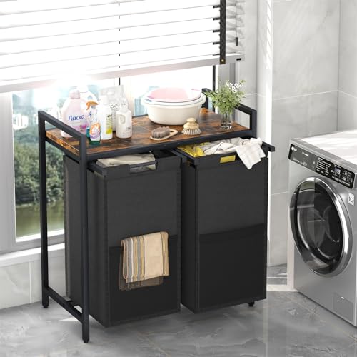 Huhote Laundry Hamper, double Laundry Basket, Laundry Sorter with Top Shelf & 2 Removable Washable Bags & Side Pockets for Laundry Room organization, Bathroom and Dorm, Rustic Brown and Black - Image 2