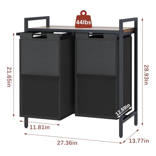 Huhote Laundry Hamper, double Laundry Basket, Laundry Sorter with Top Shelf & 2 Removable Washable Bags & Side Pockets for Laundry Room organization, Bathroom and Dorm, Rustic Brown and Black - Image 3