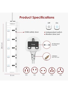 PEGANT 5 Way 3M Power Extension Cord, 5 Universal Outlets, UK Plug, 3M Cable, 2500W  - Image 3