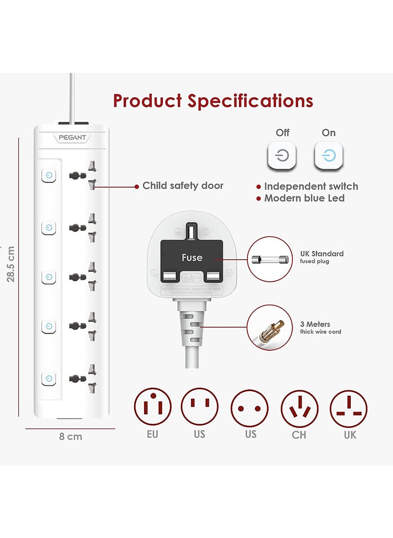 PEGANT - 5 Way 3M Power Extension Cord, 5 Universal Outlets, UK Plug, 3M Cable, 2500W - Image 1