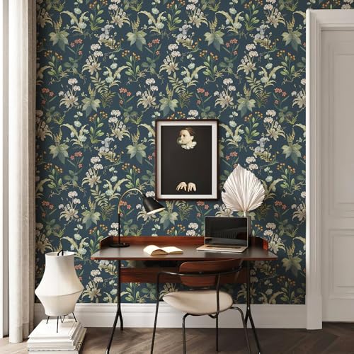 Simon&Siff Vintage Peel and Stick Wallpaper Blue Floral Wallpaper Wildflowers Botanical Contact Paper Self Adhesive Removable Wall Paper for Bedroom Cabinets Decor 120" x 17.3" - Image 5
