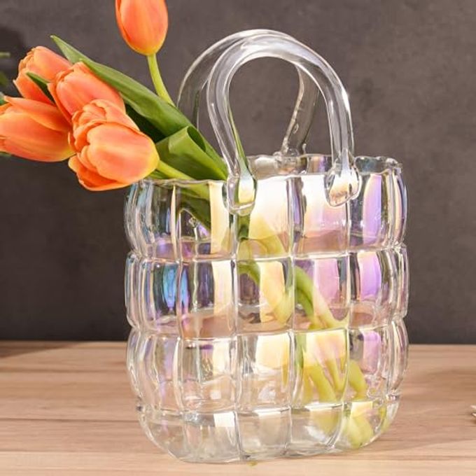 NiHome Glass Purse Vase Iridescent Glass Bag Vase with Handle Handbag Shape Vase for Flowers Farmhouse Decor Handmade Wide Mouth Glass Vase for Office Home Living Room Dining Table Decor - Image 2