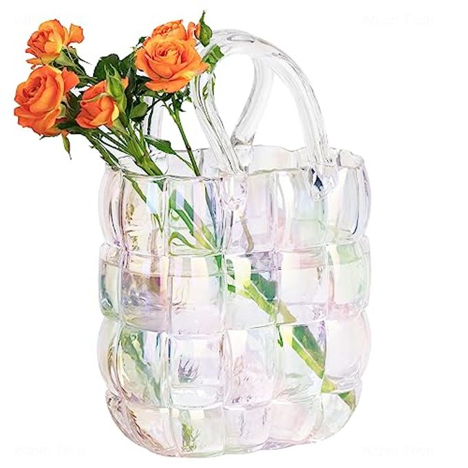 NiHome Glass Purse Vase Iridescent Glass Bag Vase with Handle Handbag Shape Vase for Flowers Farmhouse Decor Handmade Wide Mouth Glass Vase for Office Home Living Room Dining Table Decor - Image 4