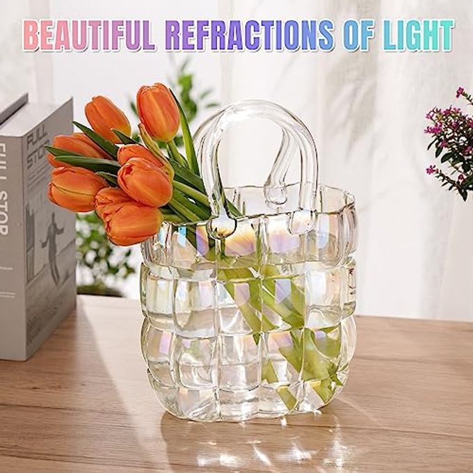 NiHome Glass Purse Vase Iridescent Glass Bag Vase with Handle Handbag Shape Vase for Flowers Farmhouse Decor Handmade Wide Mouth Glass Vase for Office Home Living Room Dining Table Decor - Image 3