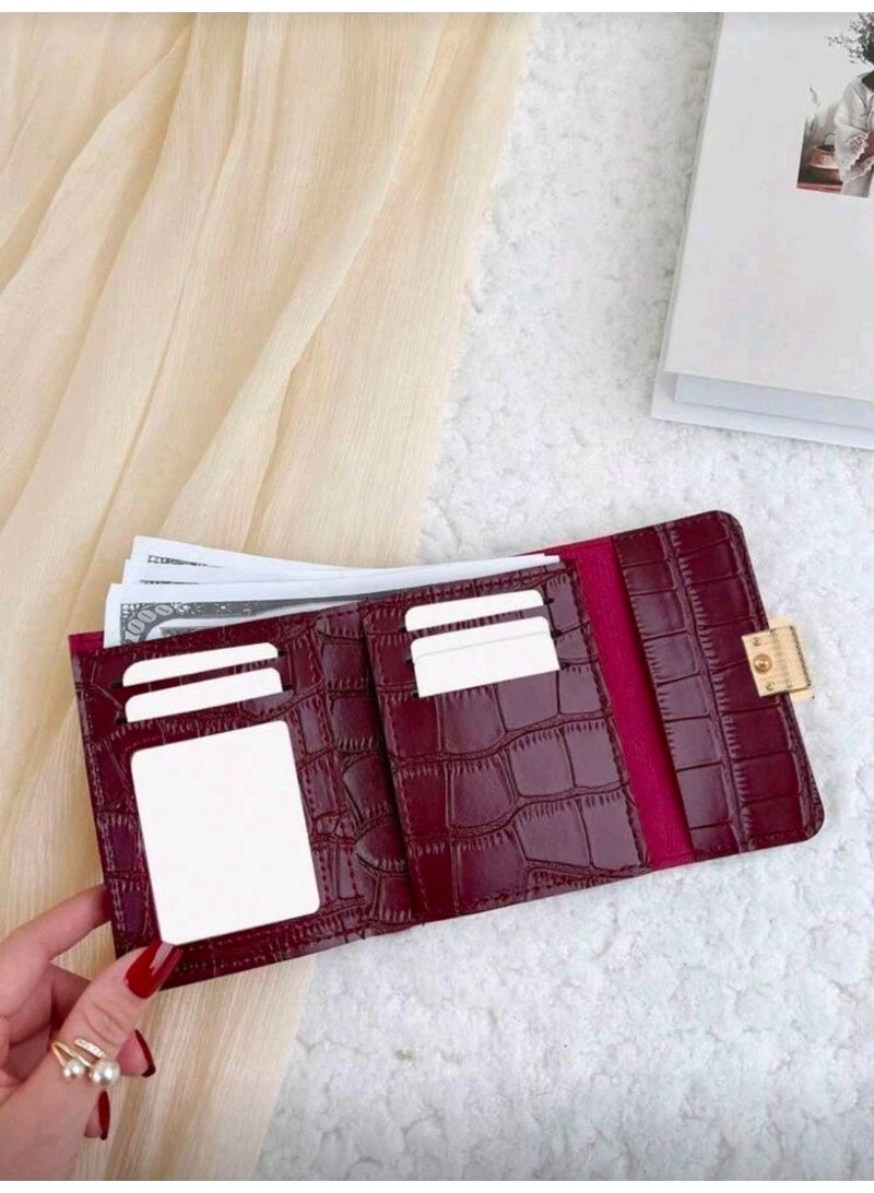 SHEIN Crocodile Women Wallet Thin Lightweight Multi Layer Portable ID Card Credit Card Minimalist Fashion (Burgundy) - Image 2