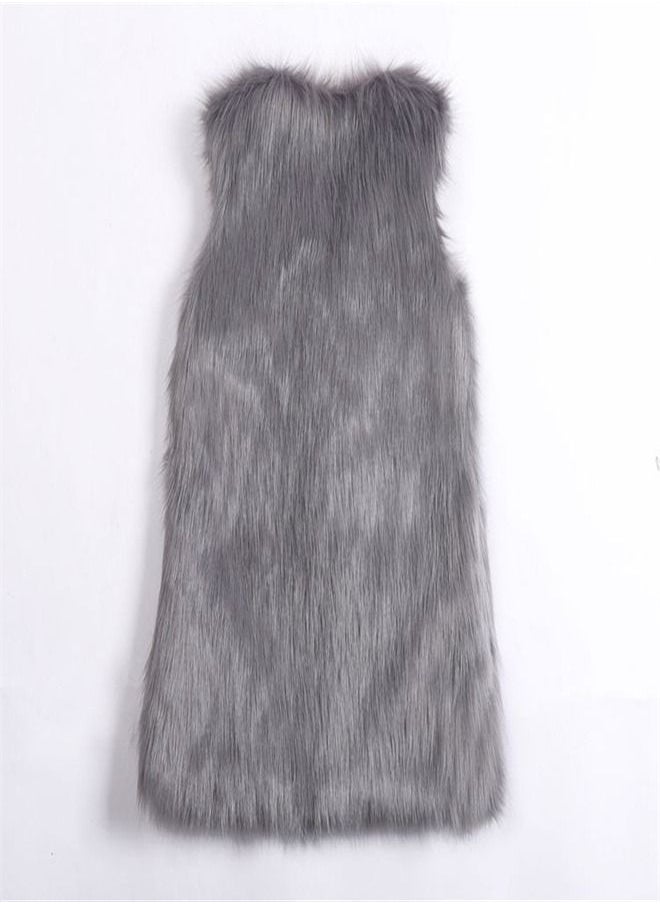 Loquat Medium Long Warm Imitation Fox Fur Vest Grey  - Image 1