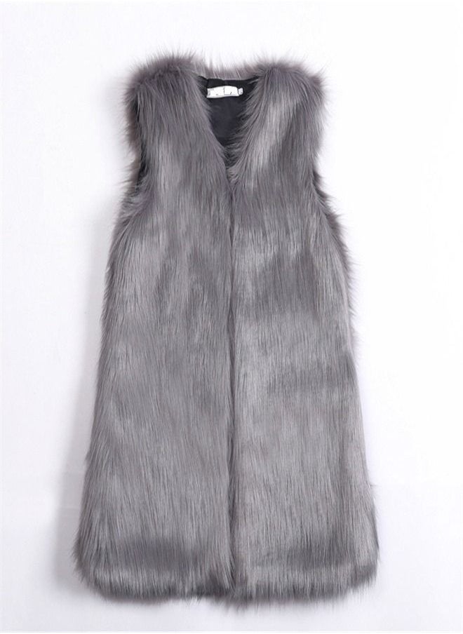 Loquat Medium Long Warm Imitation Fox Fur Vest Grey  - Image 2