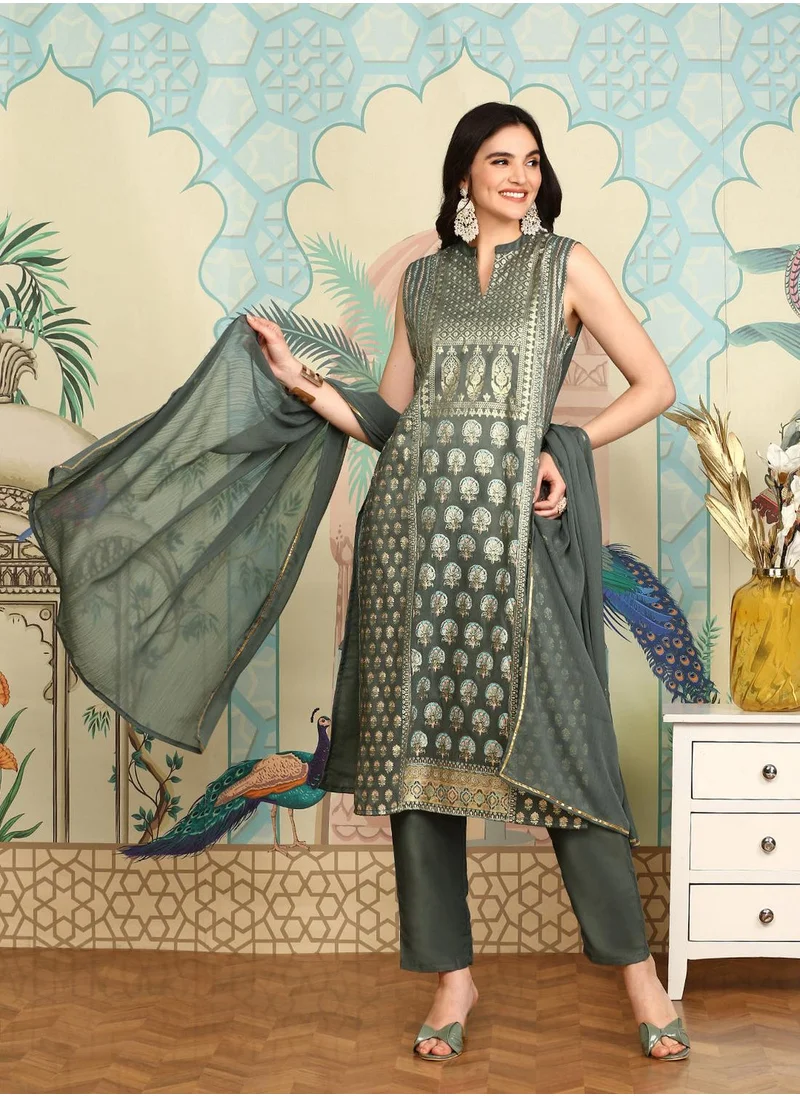 ISHIN Olive Green Ethnic Motifs Printed Mirror Work Straight Kurta With Trousers & Dupatta