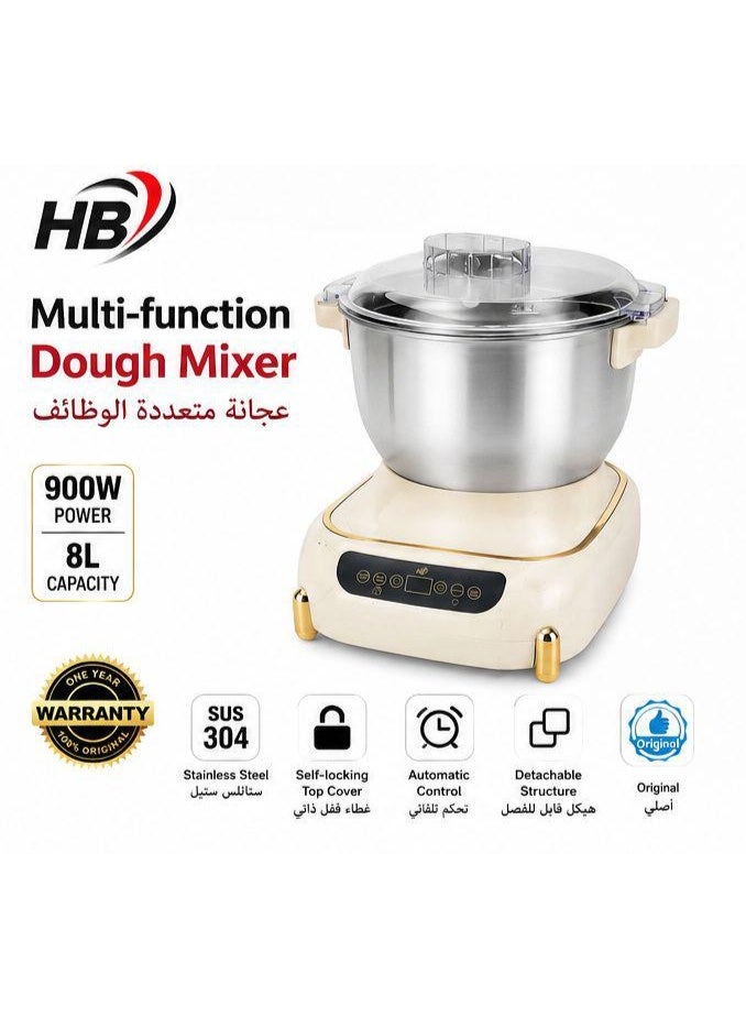 HB Multi-Function Dough Mixer 8L, 900W Electric Dough Kneading Machine with SUS304 Stainless Steel Bowl, Digital Control Panel & Transparent Lid - Image 2