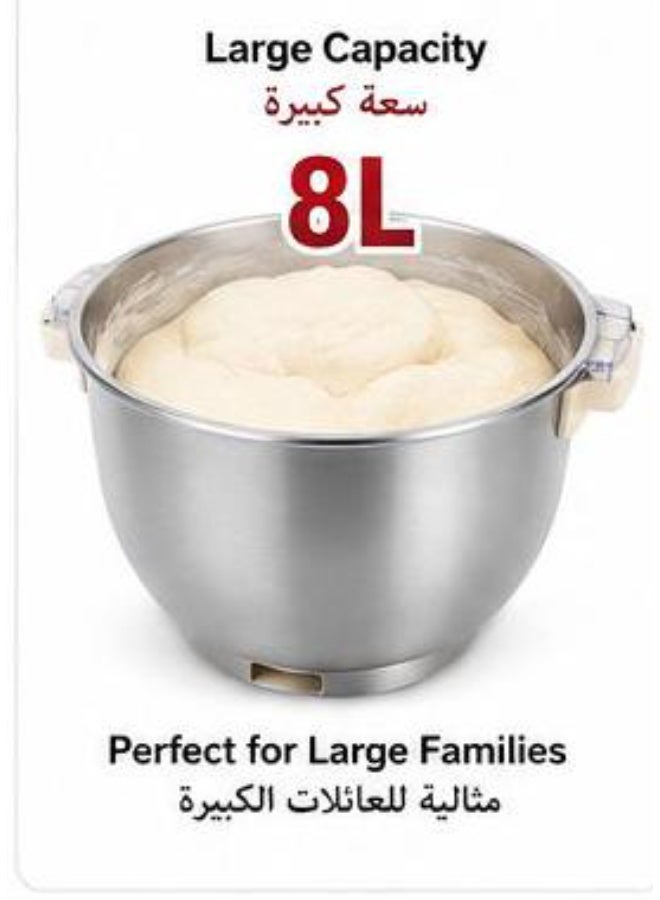 HB Multi-Function Dough Mixer 8L, 900W Electric Dough Kneading Machine with SUS304 Stainless Steel Bowl, Digital Control Panel & Transparent Lid - Image 5