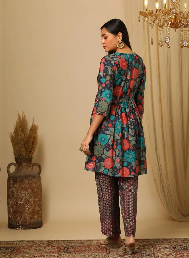 globus Globus All-Over Floral Print Embroidered Tunic and Elasticated Chevron Print Trouser Co-Ords