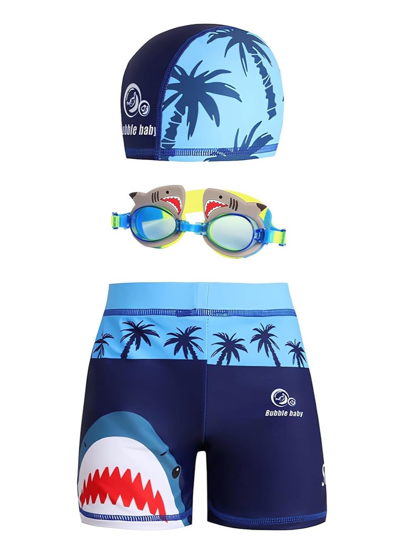 AUTOYSUR 3 Piece Kids Swimsuit with glasses,Boy Swimsuit,Swimming Shorts,Swimming glasses with Cap,blue  - Image 1