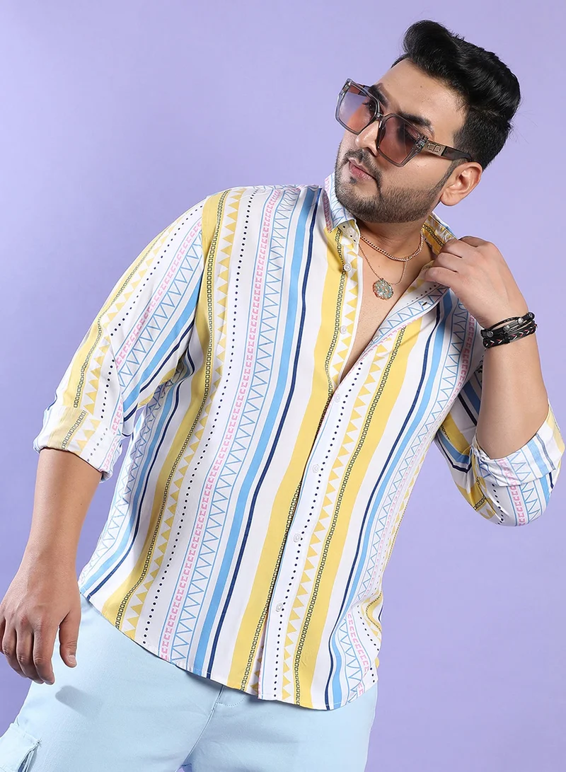 انستافاب بلس قميص رجالي متعدد الألوان مخطط هندسي من رايون ثقيل بياقة ممتدة وأكمام طويلة وفتحة أزرار مناسب للارتداء الكاجوال اليومي