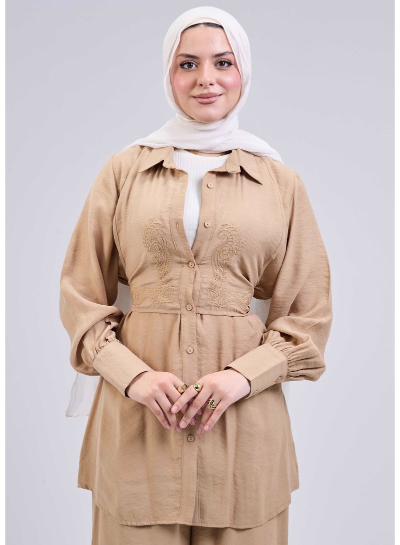 شيب ماستر سوت حريمي واسع بستايل مريح – قميص وبنطلون بلمسة شيك وعملية  - Image 4
