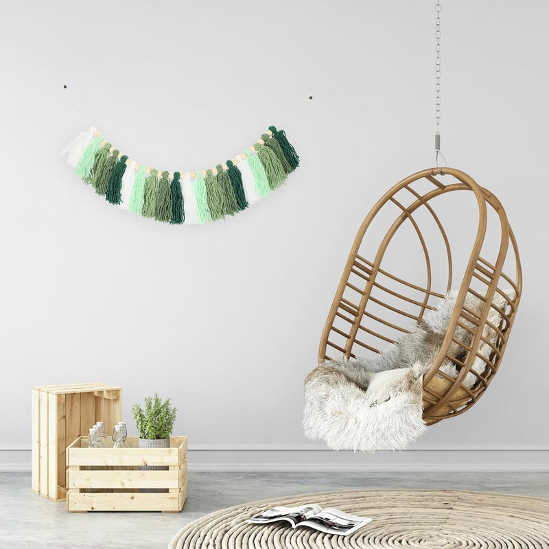 Wooden Beads Cotton Yarn Tassel Garland Hanging Pendant, Handwoven Green Macrame Wall Decor for Indoor Home and Classroom Decoration - Image 4
